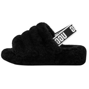 UGG Fluff Yeah Black Fluffy Slides with Logo Strap
